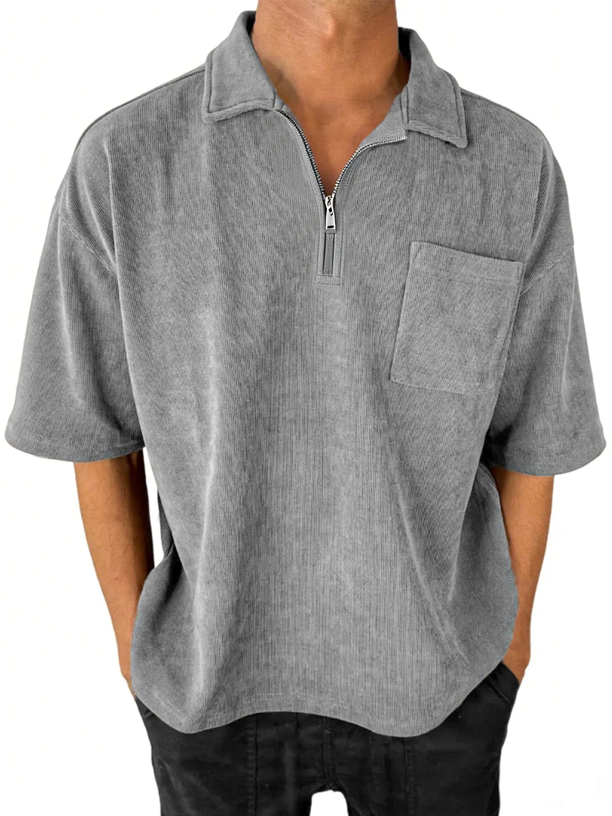 Men's Stylish Ribbed Quarter-Zip Lapel Corduroy Casual POLO Shirt With Chest Pocket