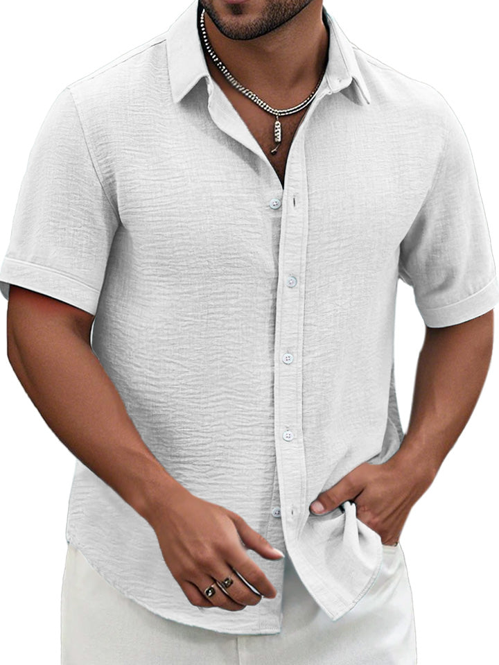 Men's Summer Solid Color Textured Short-sleeved Lapel Button-down Shirt