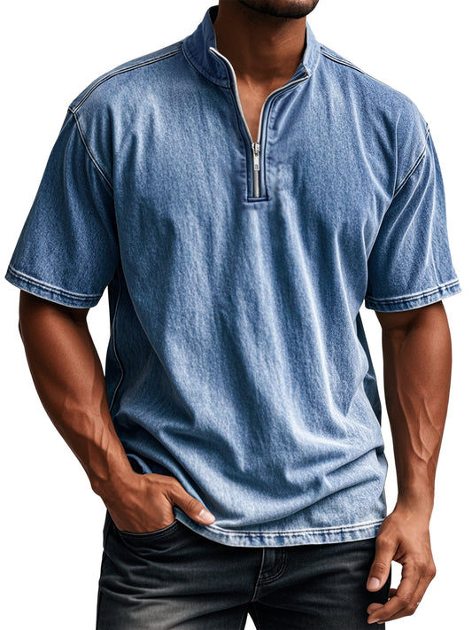 Men's Retro Everyday Stand Collar Quarter Zip Casual Short Sleeve T-Shirt