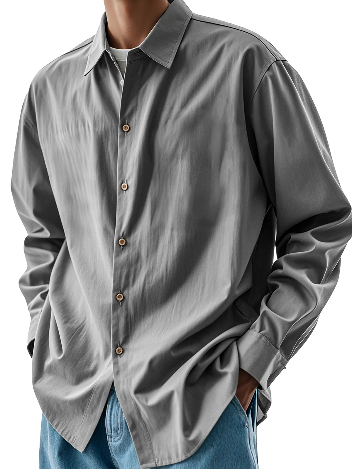 Men's Fashion Retro Pleated Fabric Lapel Long-sleeved Shirt