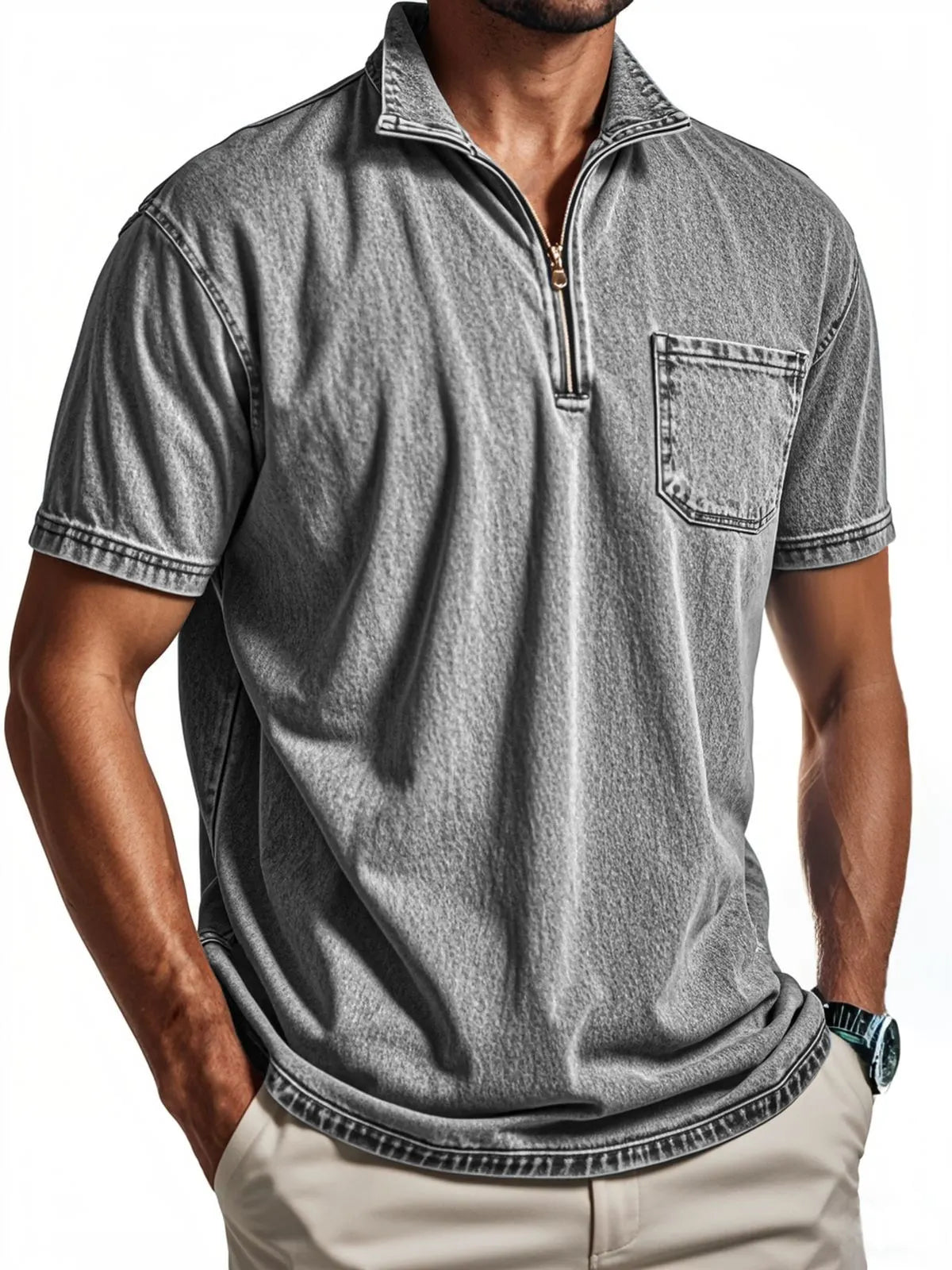 Men's Vintage Distressed Quarter Zip Polo Shirt With Chest Pocket