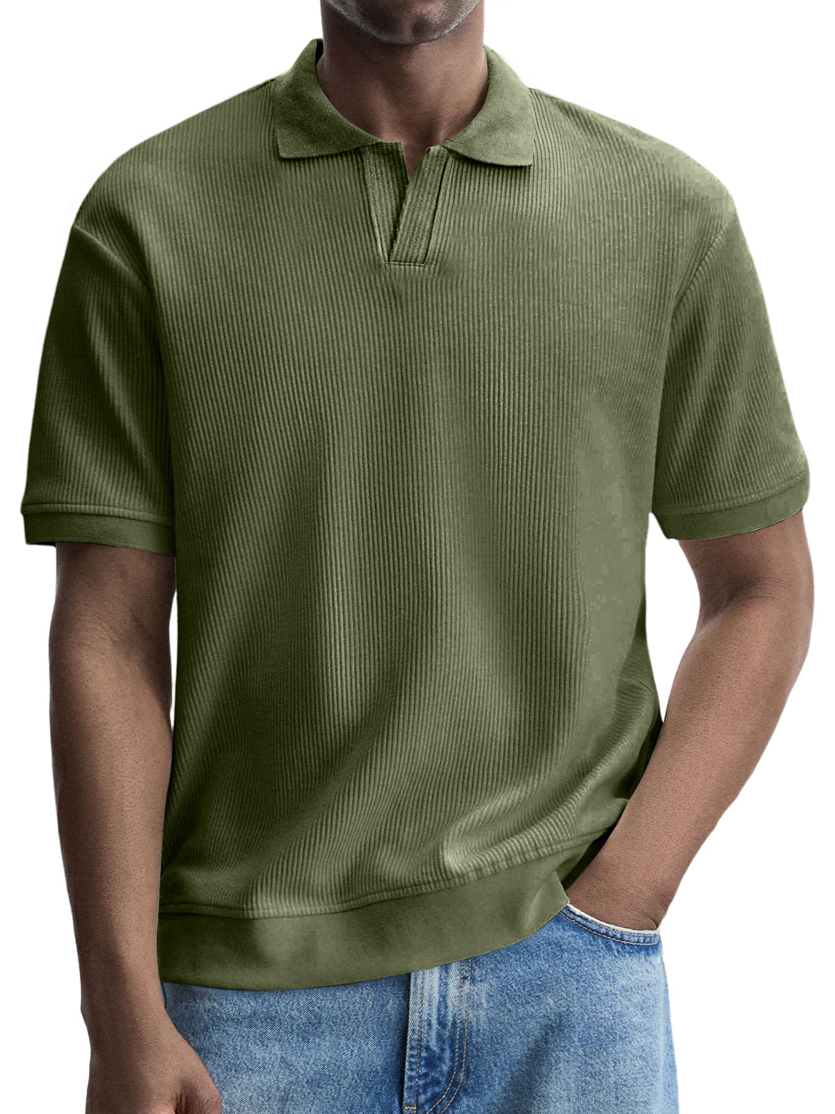 Men's Fashionable Casual Pitted V-neck Solid Color Short-sleeved Polo Shirt