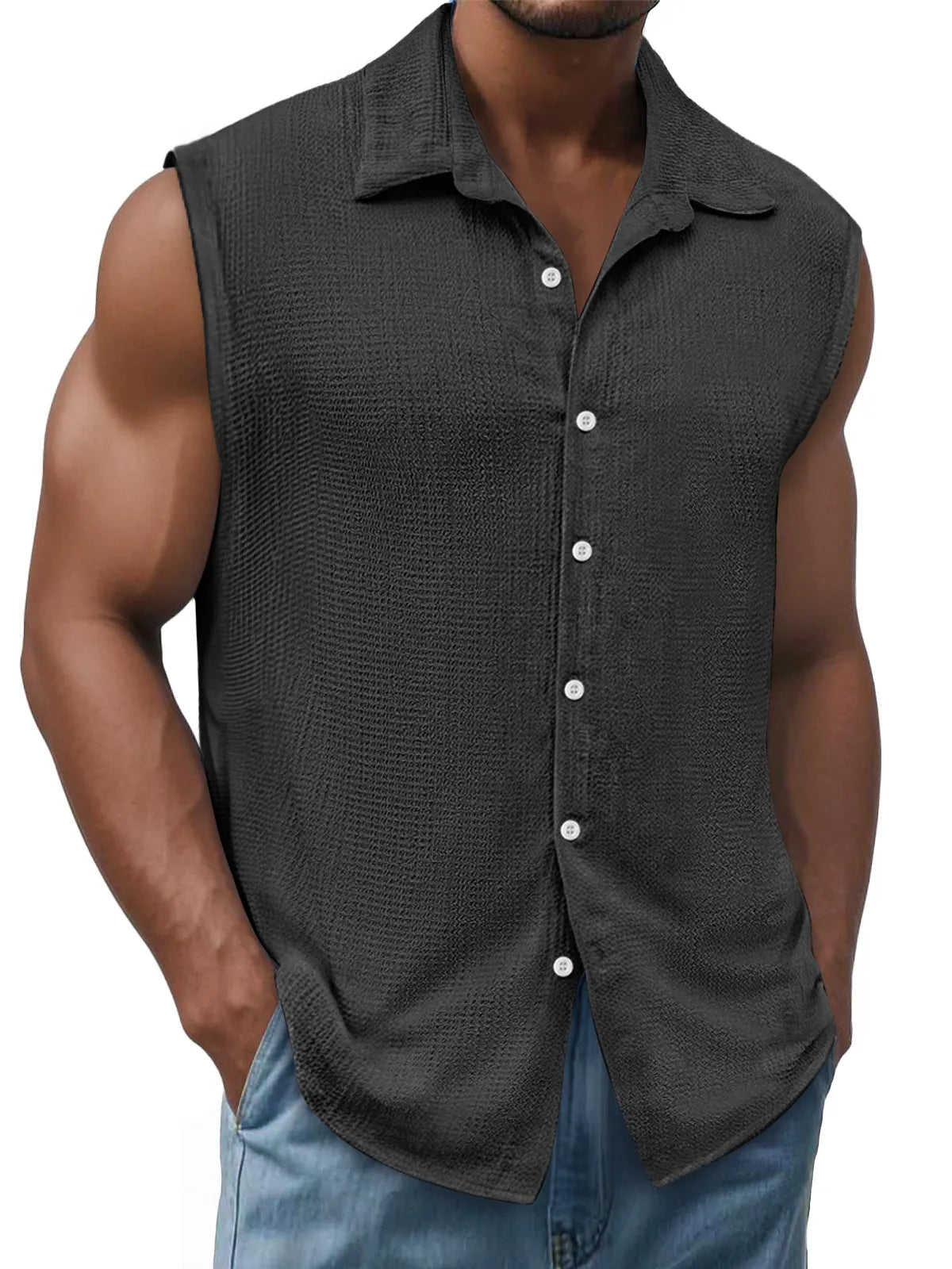 Men's Daily Texture Casual Lapel Solid Color Sleeveless Shirt