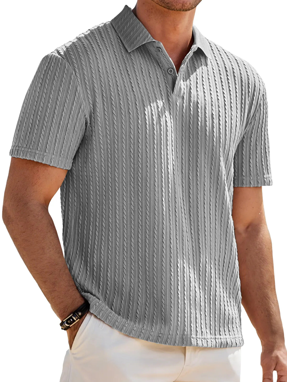 Men's Jacquard Texture Casual Lapel Button Solid Color Short-sleeved Polo Shirt