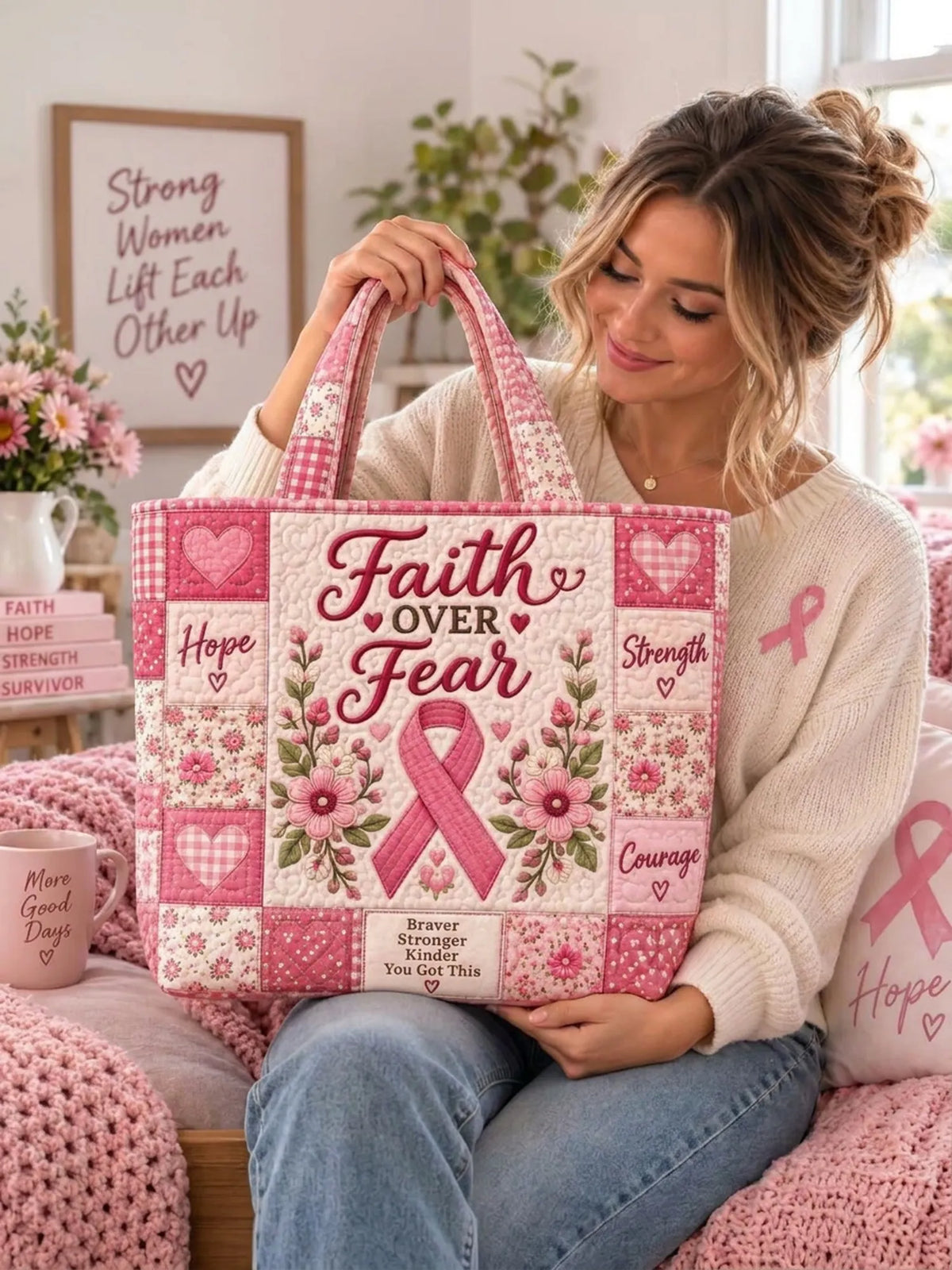 Faith Over Fear Pink Ribbon Wildflower Heart Patchwork Quilted Tote Bag
