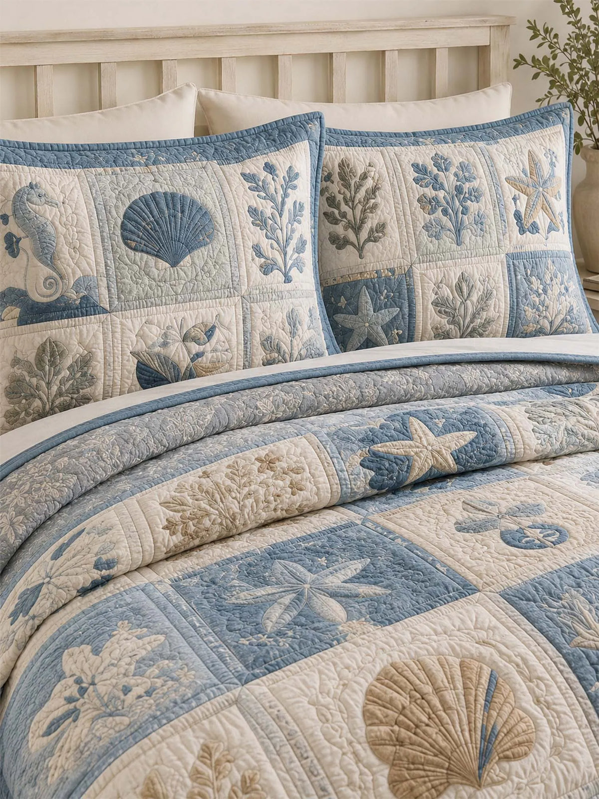 Coastal Ocean Quilted 3-Piece Bedding Set – Luxury Quilted Bedding with Matching Pillow Shams