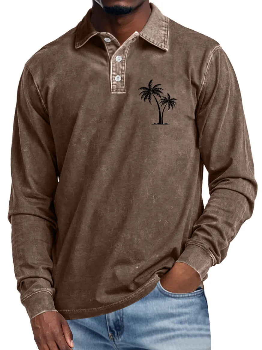 Men's Casual Lapel Buttoned Coconut Print Long Sleeve POLO Shirt