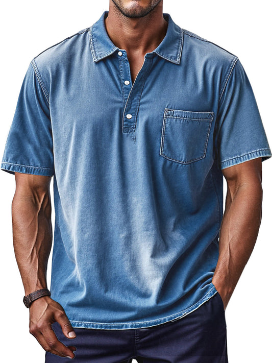 Men's Retro Solid Color Comfortable And Breathable Lapel Button-up Polo Shirt