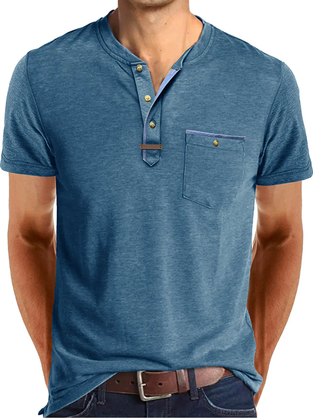 Men's Casual Button Solid Color Pocket Short Sleeve Henley Shirt