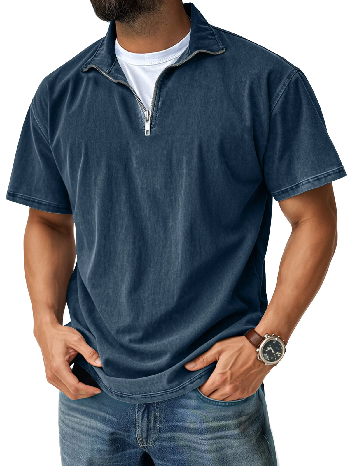 Men's Retro Casual Stand Collar Quarter-Zip Short Sleeve T-Shirt