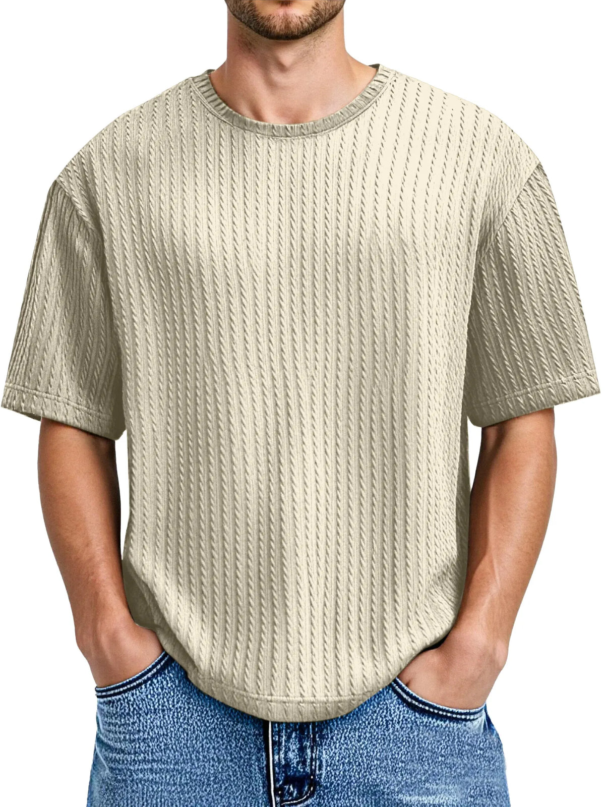 Men's Daily Solid Color Twist Texture Short-sleeved Round Neck T-shirt