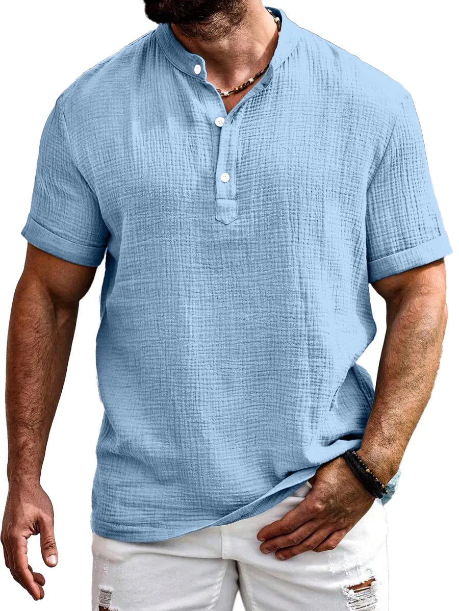 Men's Everyday Solid Color Texture Short-sleeved Half-open Collar Henley Shirt