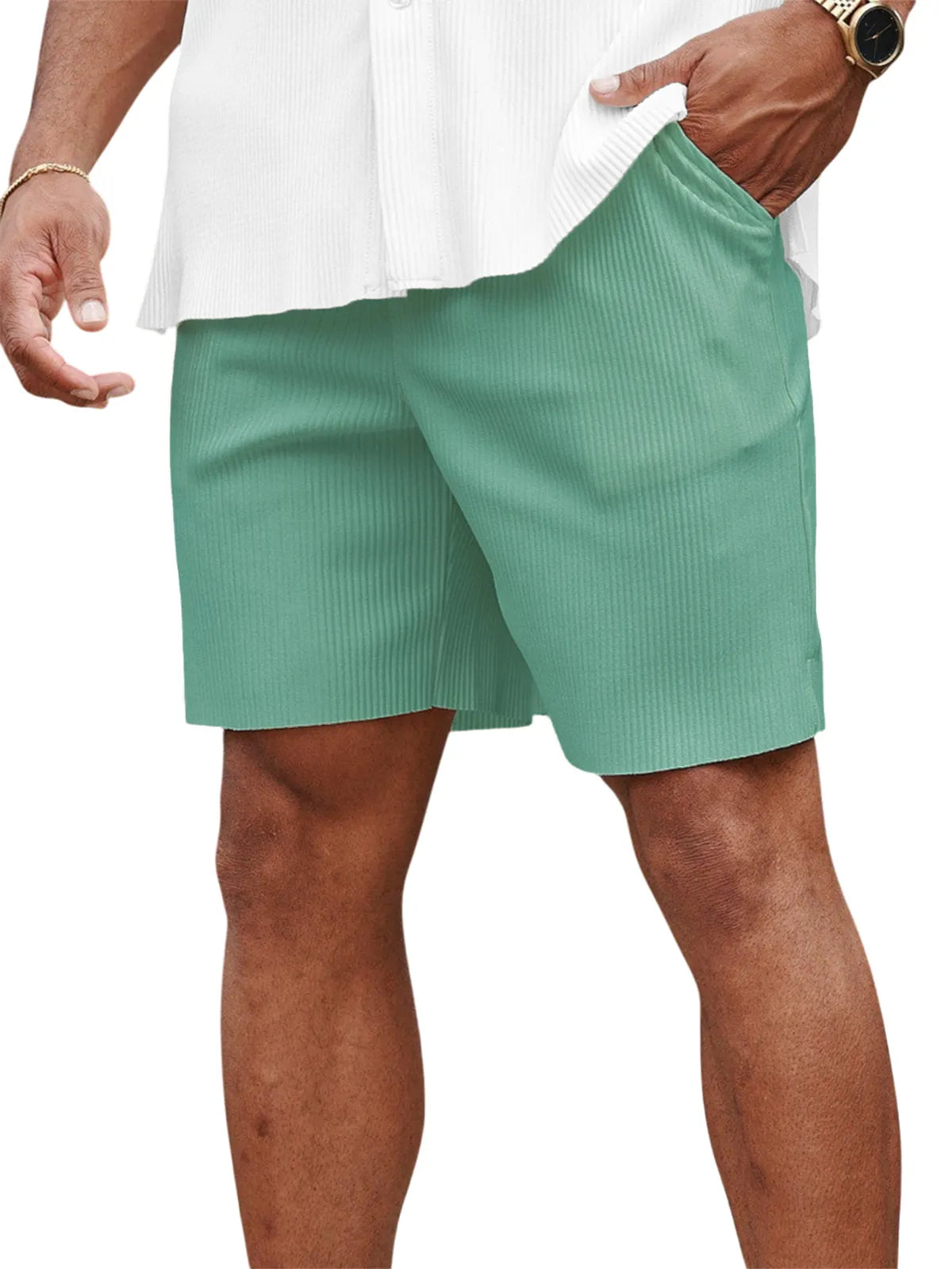 Men's Casual Pit Stripe Pleated Elastic Stretch Shorts with Side Pockets