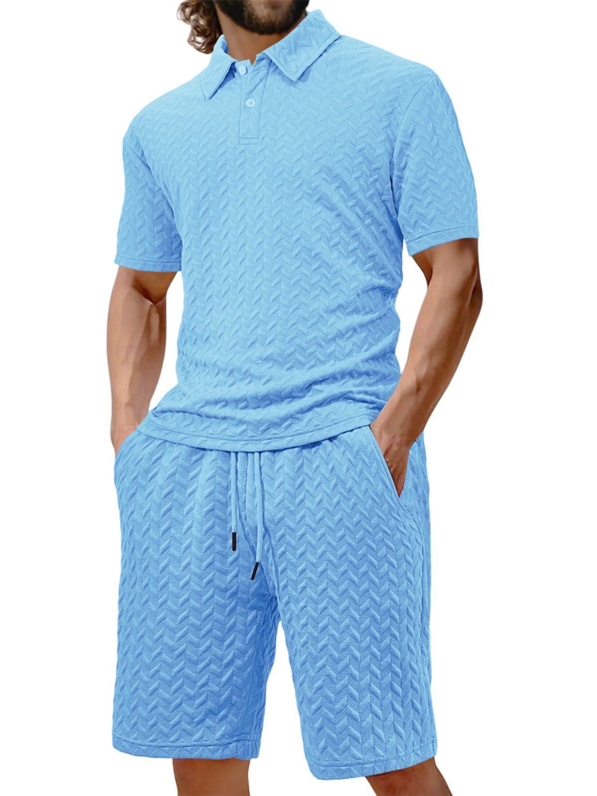 Men's Jacquard Texture Holiday Casual Polo Shirt Lapel Short-sleeved Shorts Suit