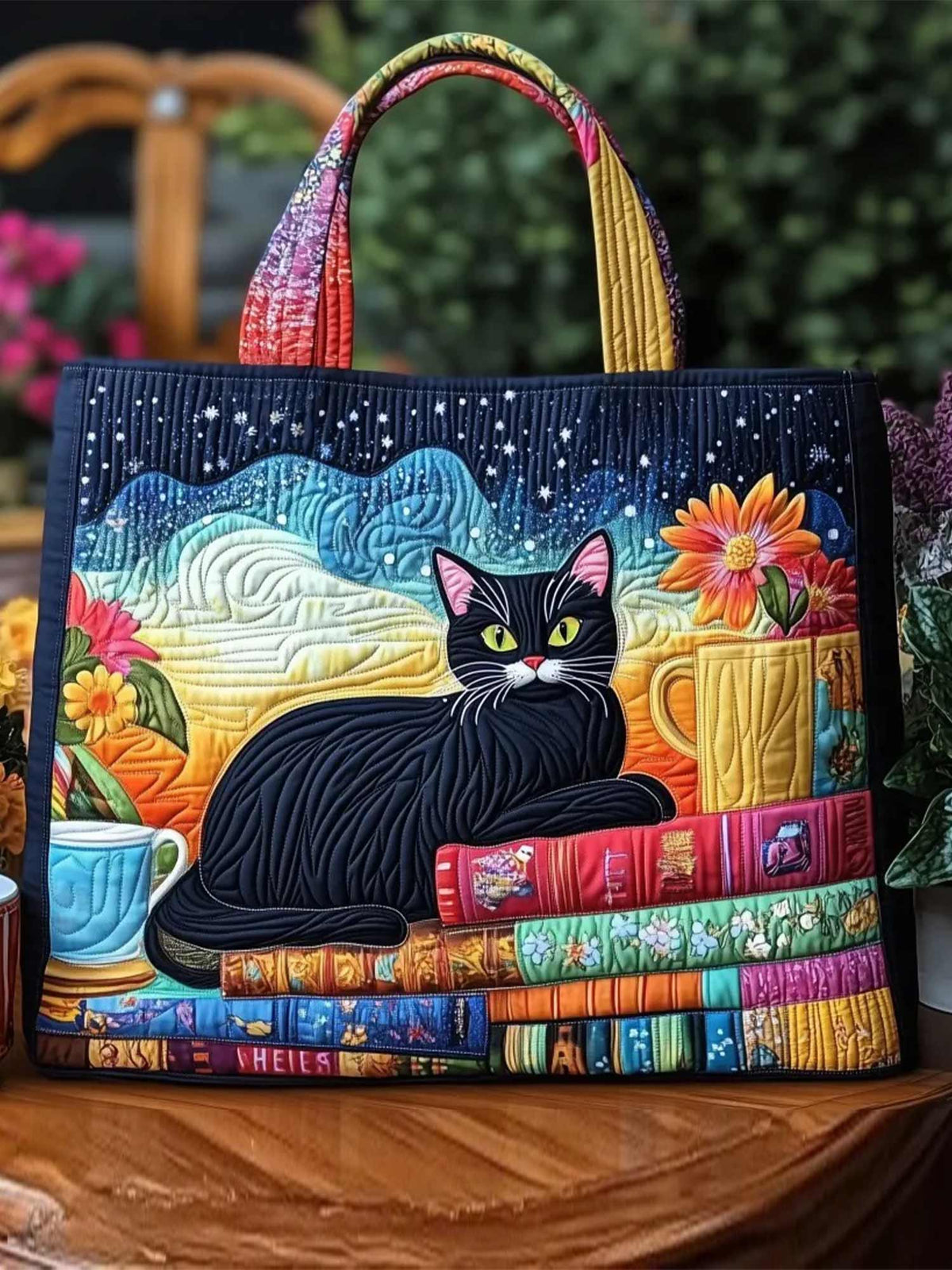 Cat and Book Quilted Tote Bag