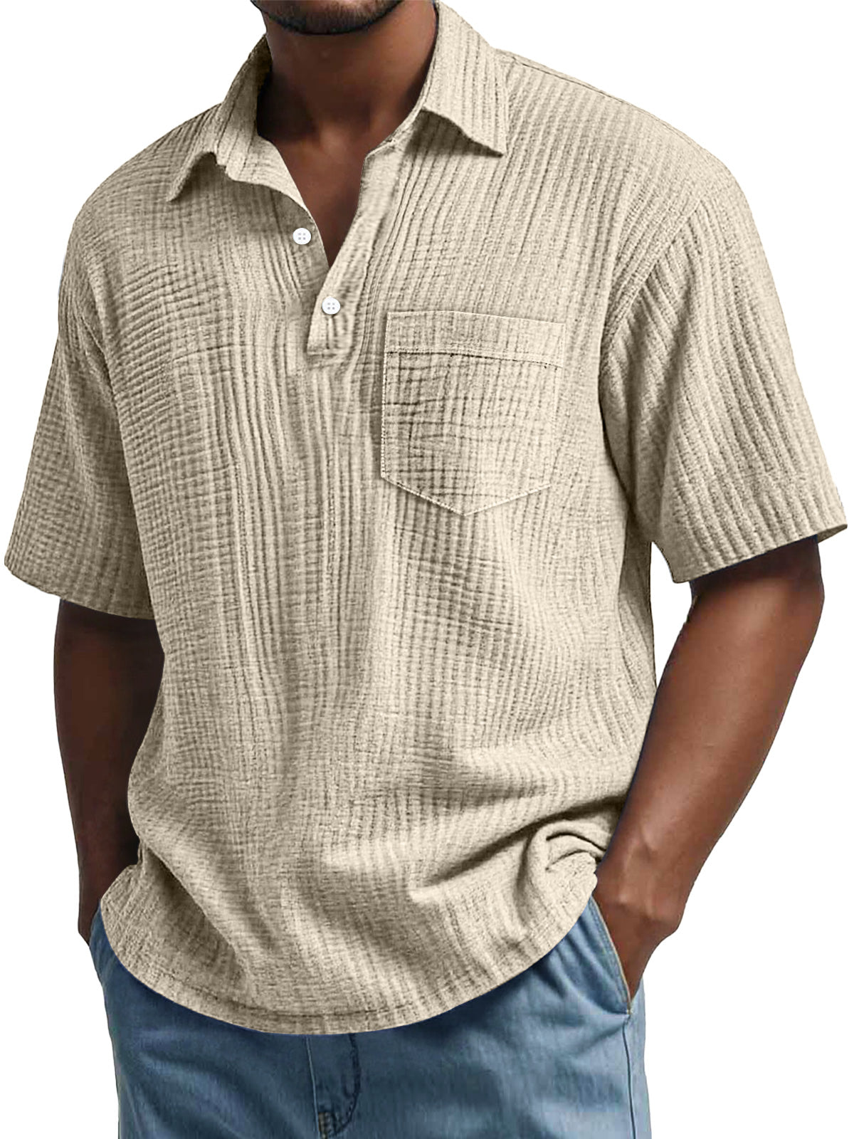 Men's Daily Pleated Casual Lapel Pocket Short Sleeve POLO Shirt