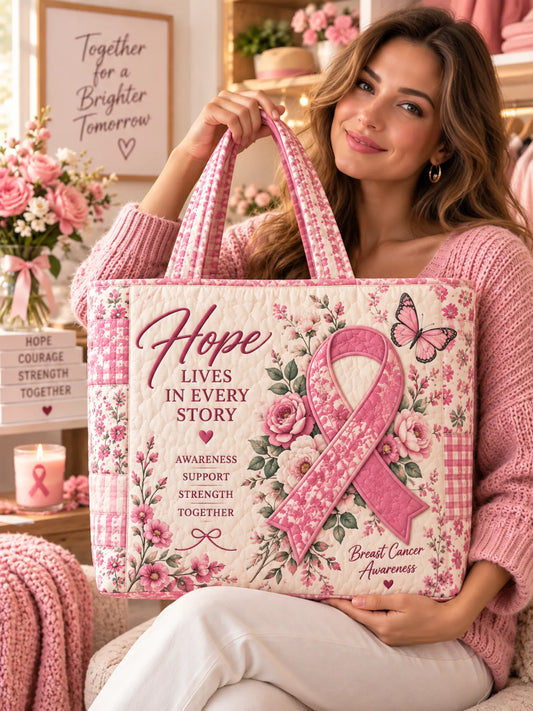 Hope Lives In Every Story Pink Ribbon Butterfly Patchwork Quilted Tote Bag
