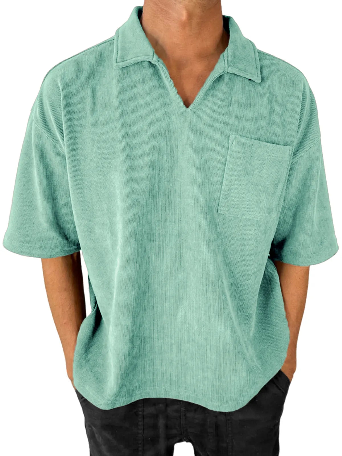 Men's Stylish V-Neck Ribbed Corduroy Casual POLO Shirt With Chest Pocket