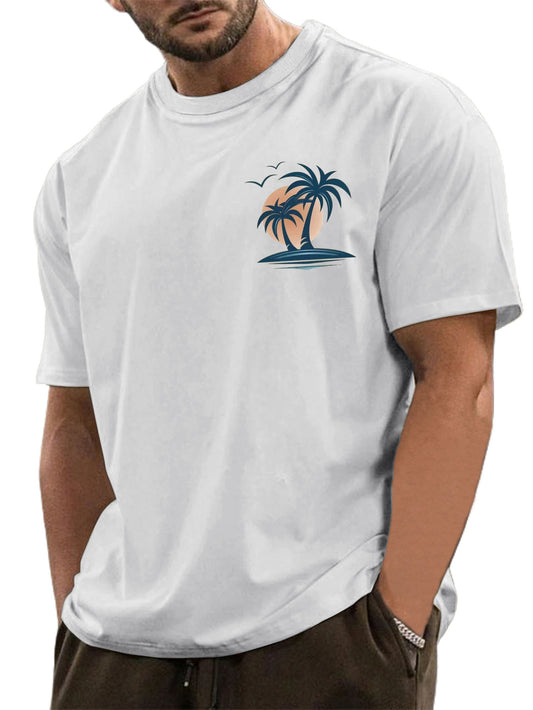 Men's Cotton Basic Casual Palm Tree Print Comfortable Short-sleeved T-shirt