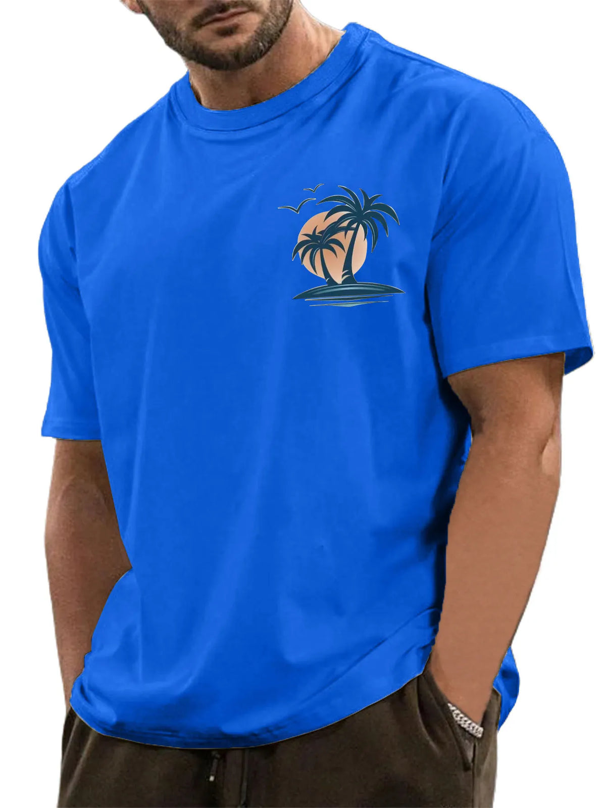 Men's Cotton Basic Casual Palm Tree Print Comfortable Short-sleeved T-shirt