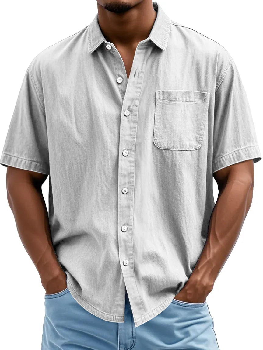 Men's Fashion Casual Lapel Pocket Solid Color Short Shirt