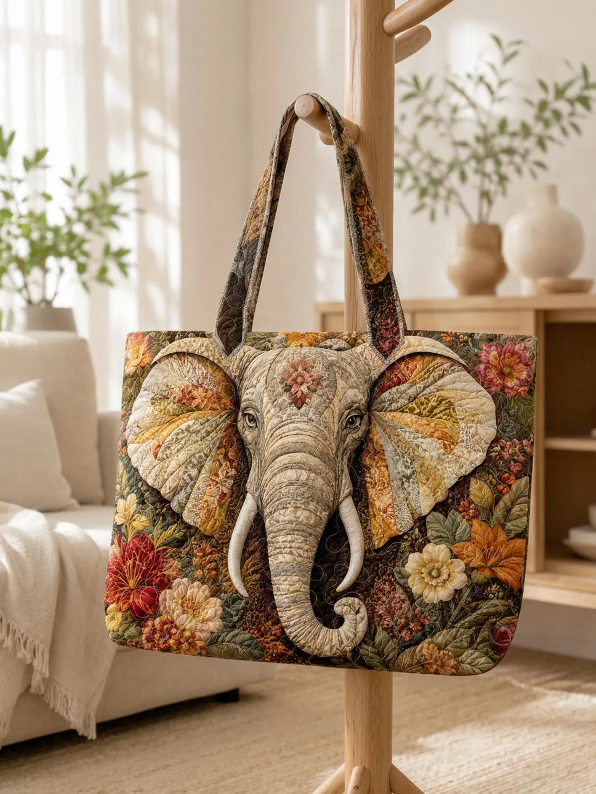 Vintage Elephant Autumn Wildflower Patchwork Quilted Tote Bag