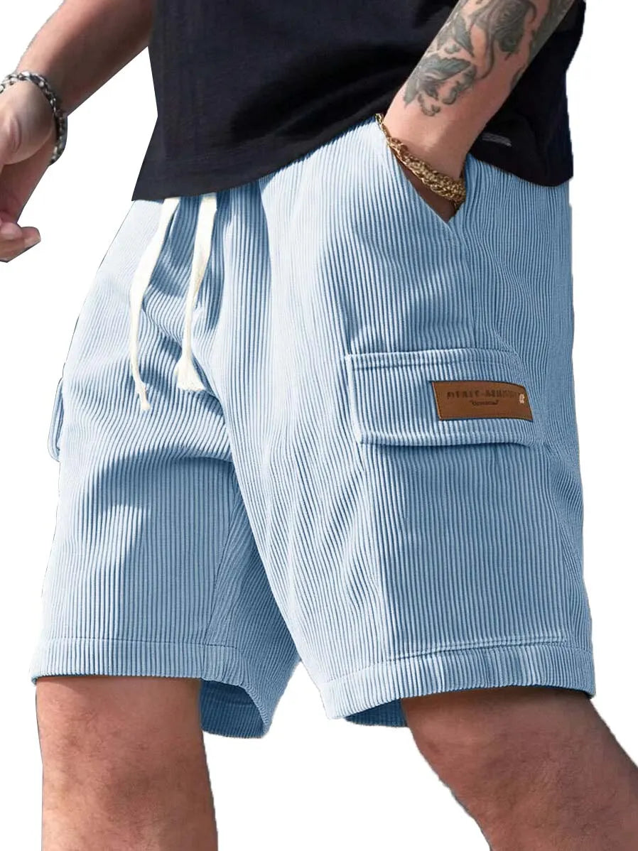 Men's Fashion Retro Workwear Pocket Ribbed Embroidered Logo Shorts