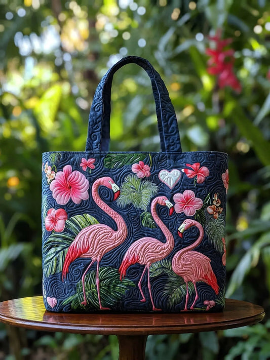 Tropical Flamingo Hibiscus Palm Leaf Patchwork Quilted Tote Bag