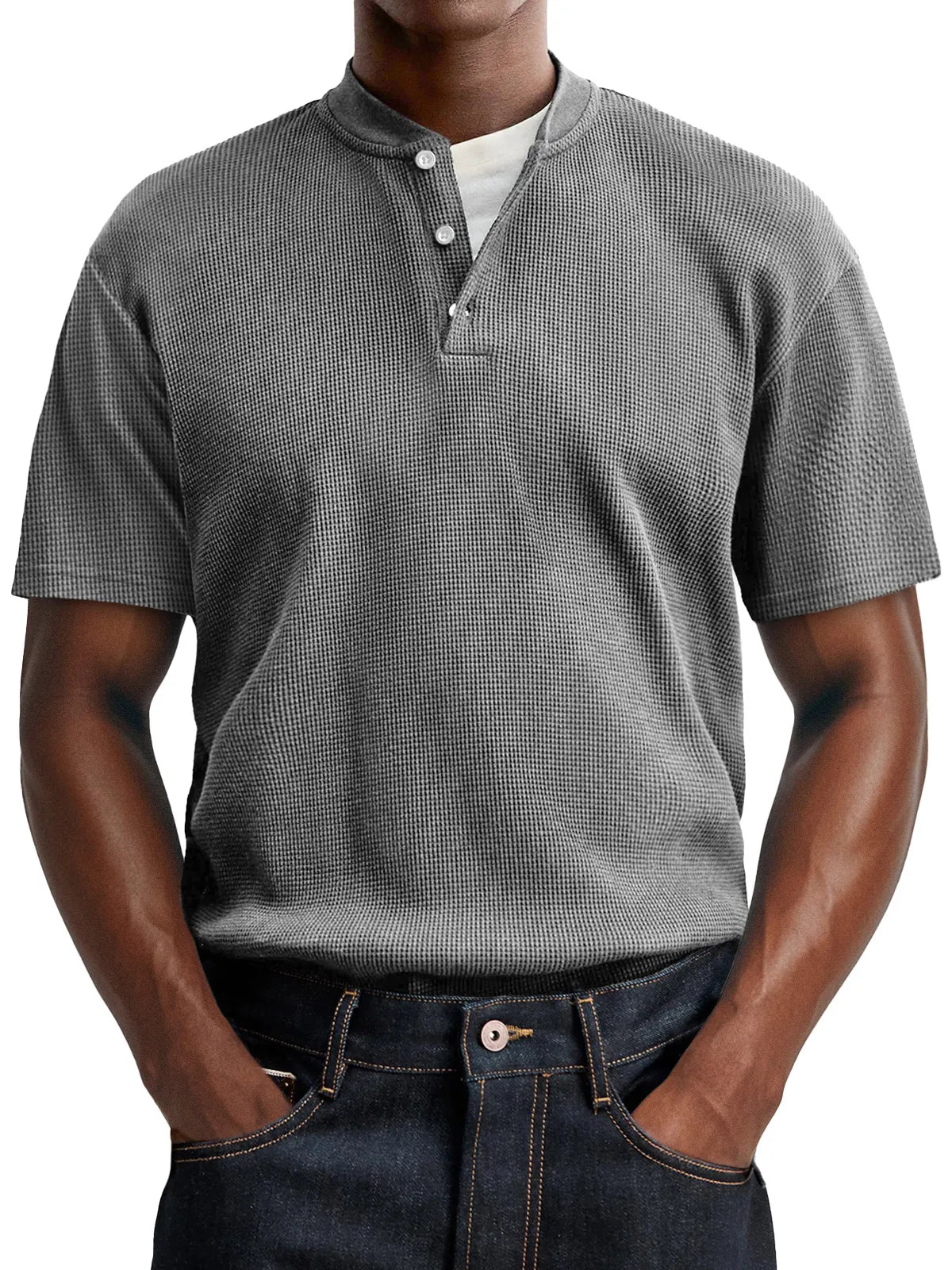 Men's Waffle Casual Button Up Comfort Short Sleeve Henley