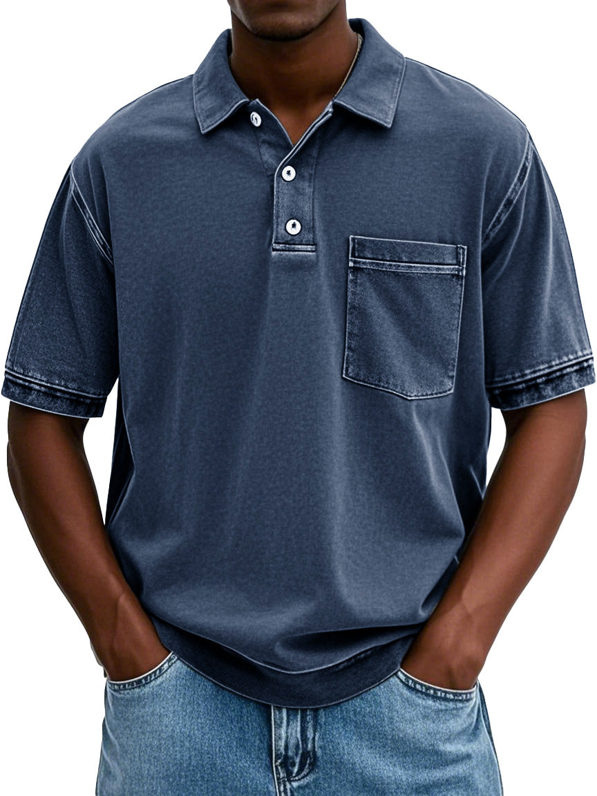 Men's Retro Distressed Lapel Short-sleeved Pocket Polo Shirt
