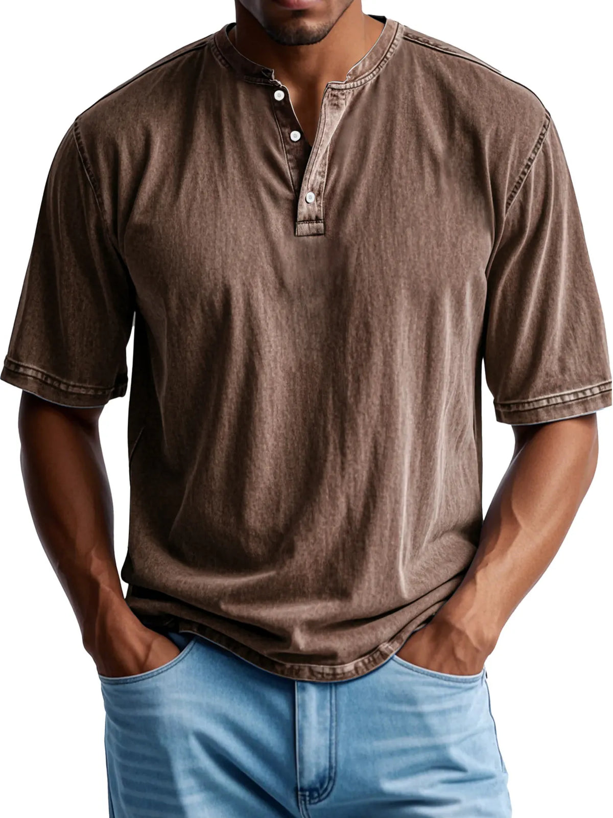Men's Retro Casual Button Up Comfortable Solid Color Short Sleeve Henley Shirt