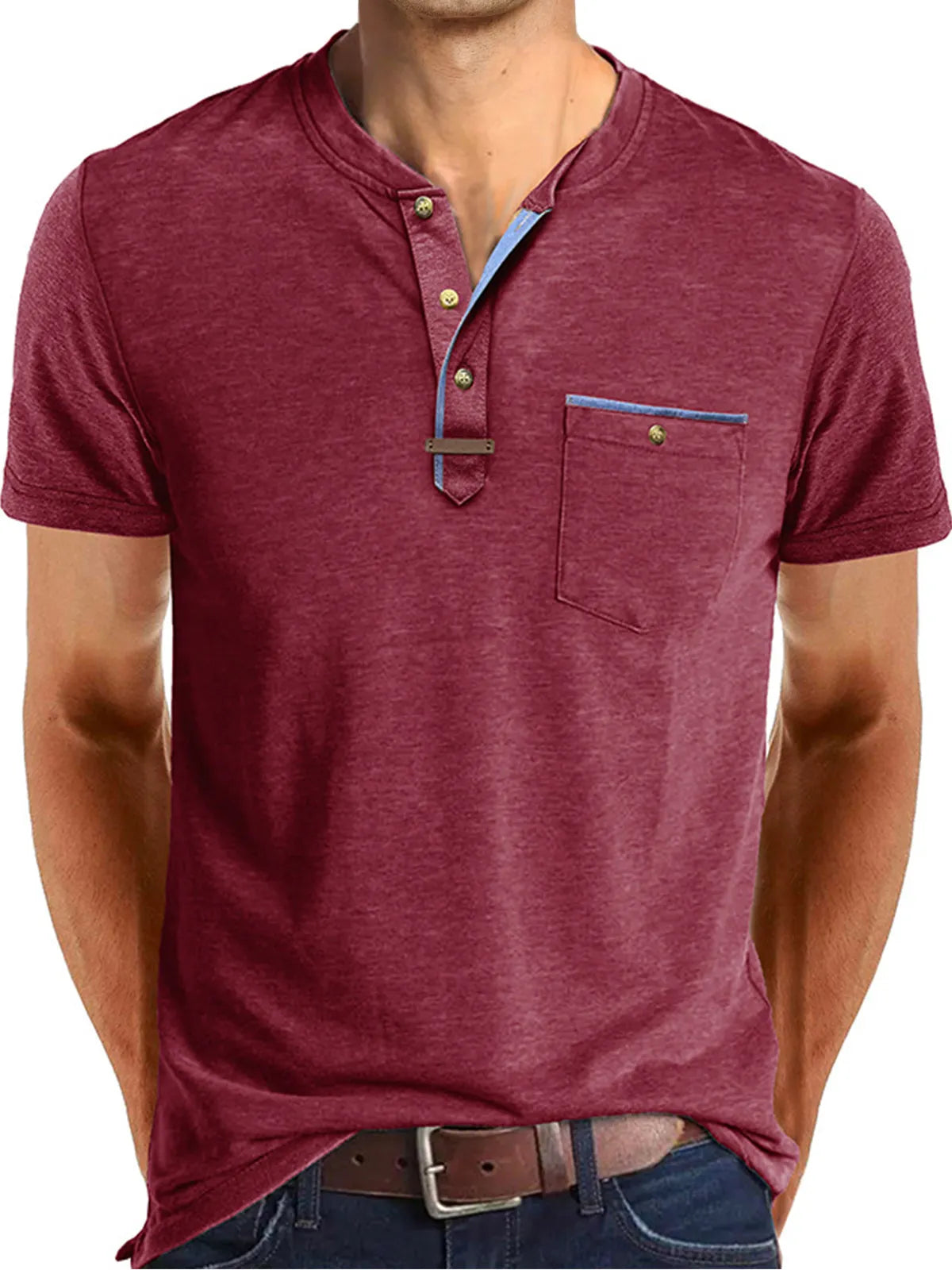 Men's Casual Button Solid Color Pocket Short Sleeve Henley Shirt