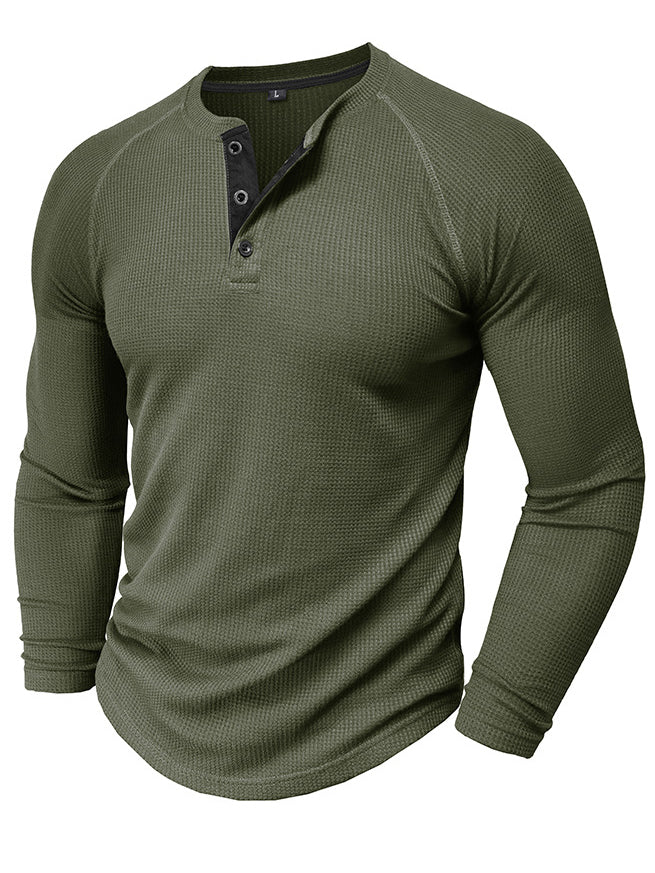 Men's Waffle Henley Collar Textured Long-sleeved Top