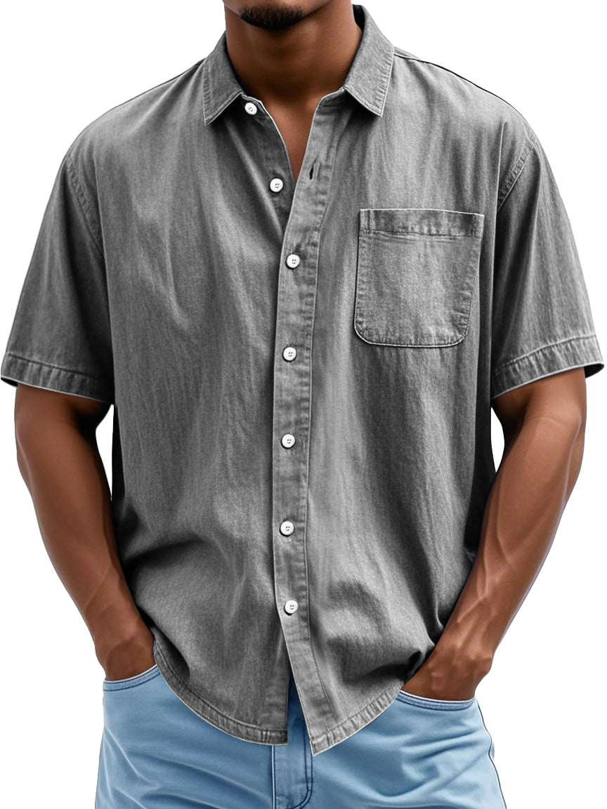 Men's Fashion Casual Lapel Pocket Solid Color Short Shirt
