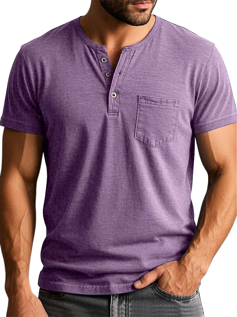Men's Vintage Henley Collar Pocket Short Sleeve Casual T-shirt