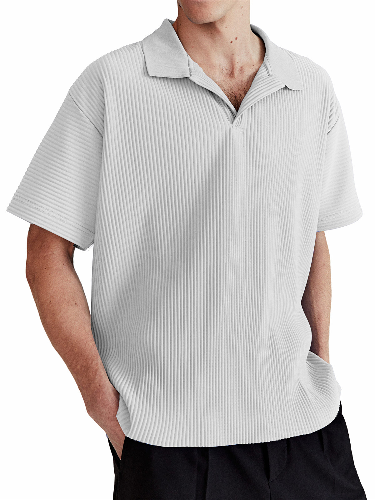 Men's Daily Casual Comfortable Vertical Striped Solid Color V-neck Short-sleeved Polo Shirt