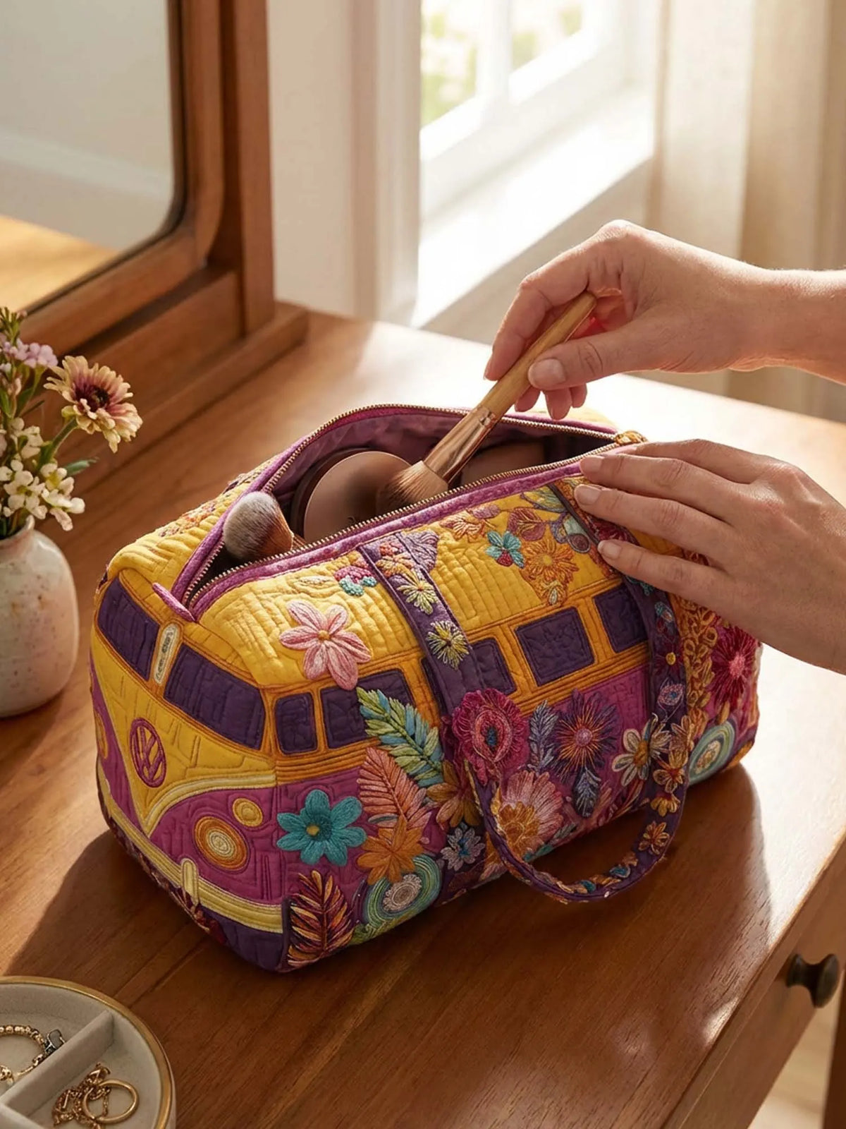 Hippie Van Flower Cotton Quilted Cosmetic Bag