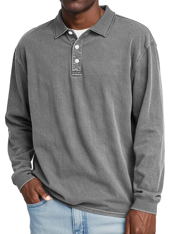 Men's Retro Lapel Button Solid Color Long Sleeve POLO Shirt