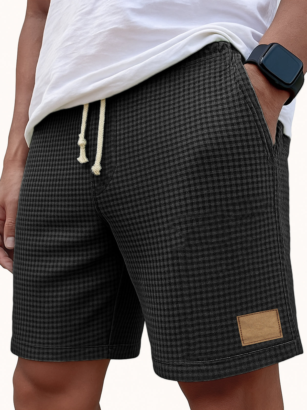 Men's Comfortable Waffle Vintage Embroidered Logo Casual Lace Up Loose Shorts