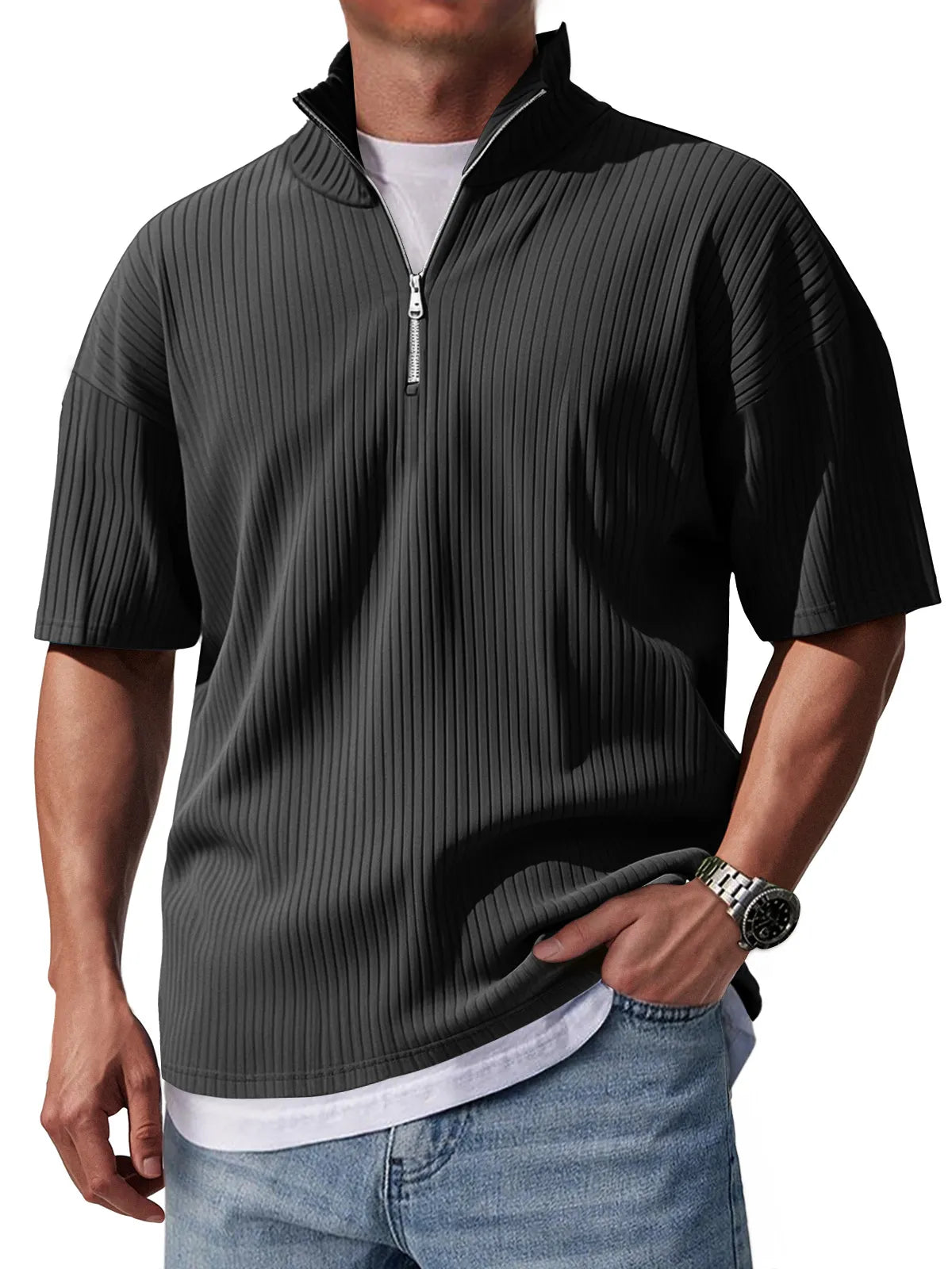 Men's Stand Collar Zipper Pit Casual Solid Color Short-sleeved T-shirt
