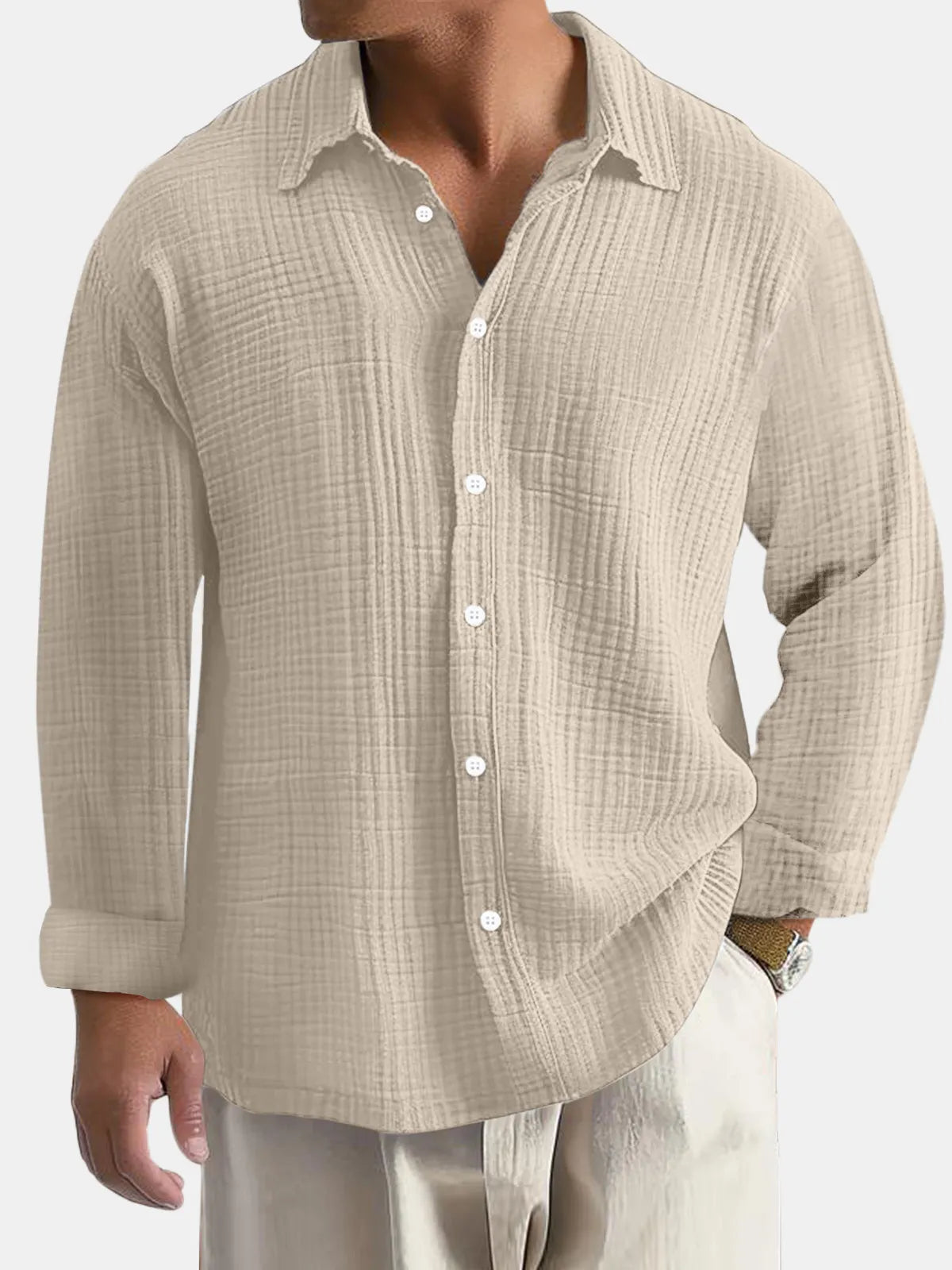 Men's Everyday Solid Color Pleated Textured Comfort Long Sleeve Shirt