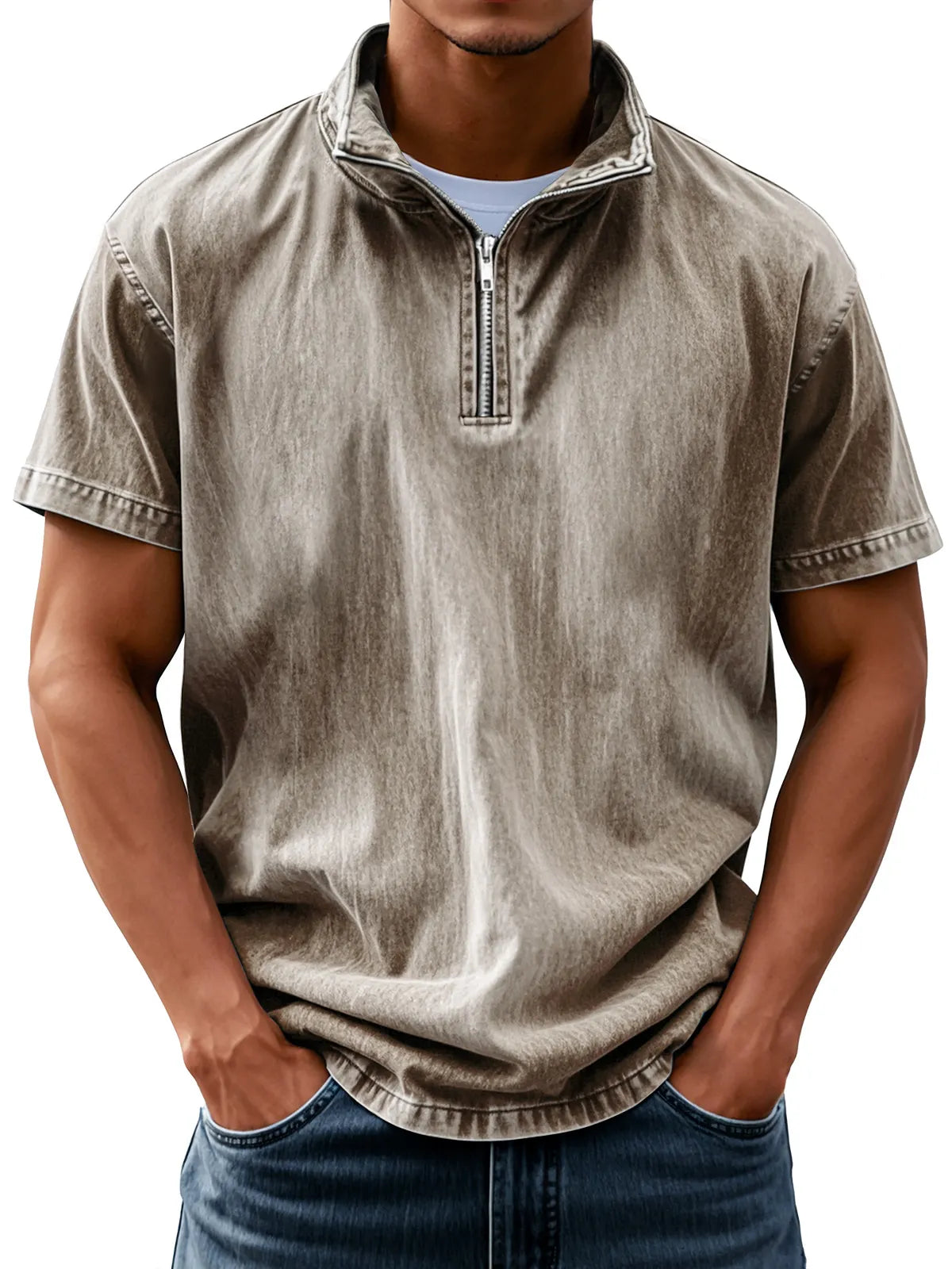 Men's Retro Everyday Stand Collar Zipper Solid Color Short Sleeve Shirt