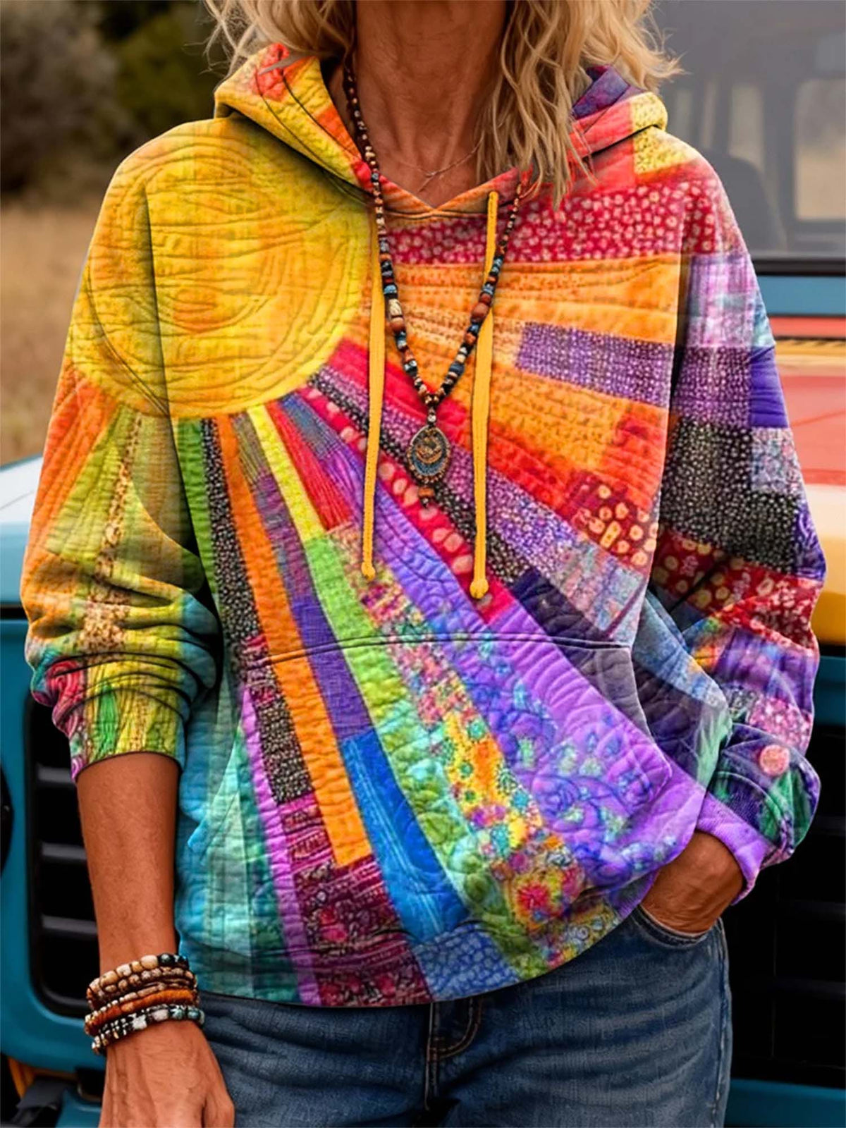 Women'S Pullover Hoodie Sweatshirt Graphic Rainbow Casual Boho Quilted Hooded