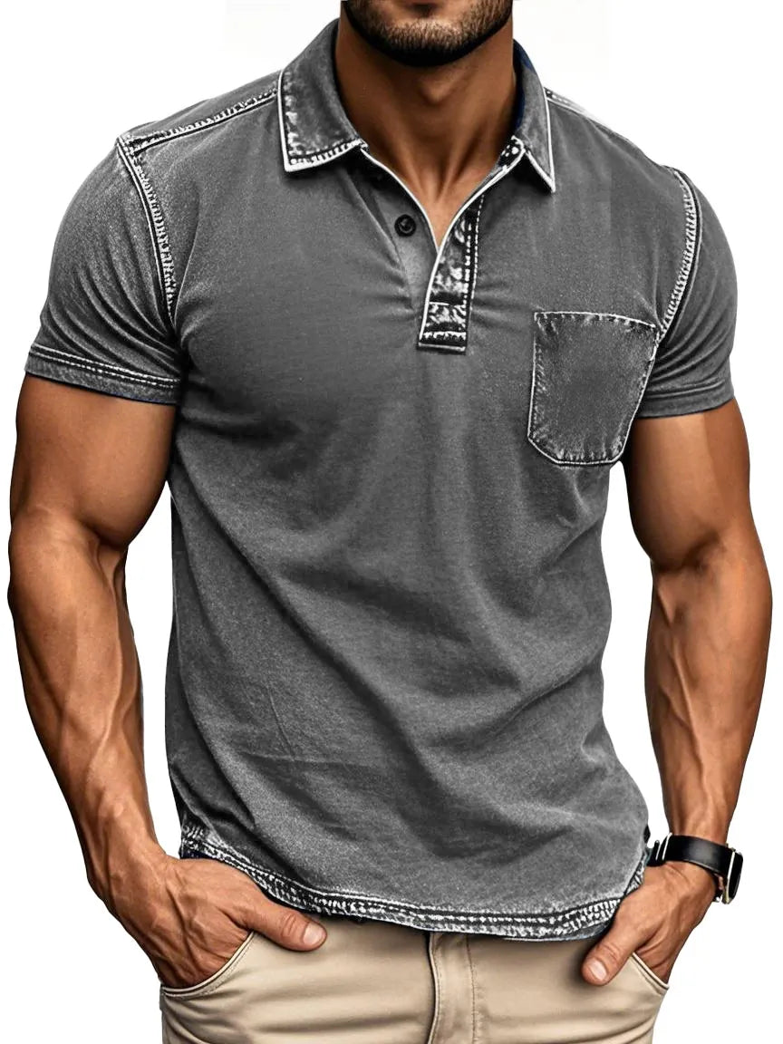 Men's Vintage Outdoor Distressed Short Sleeve Pocket Polo Shirt