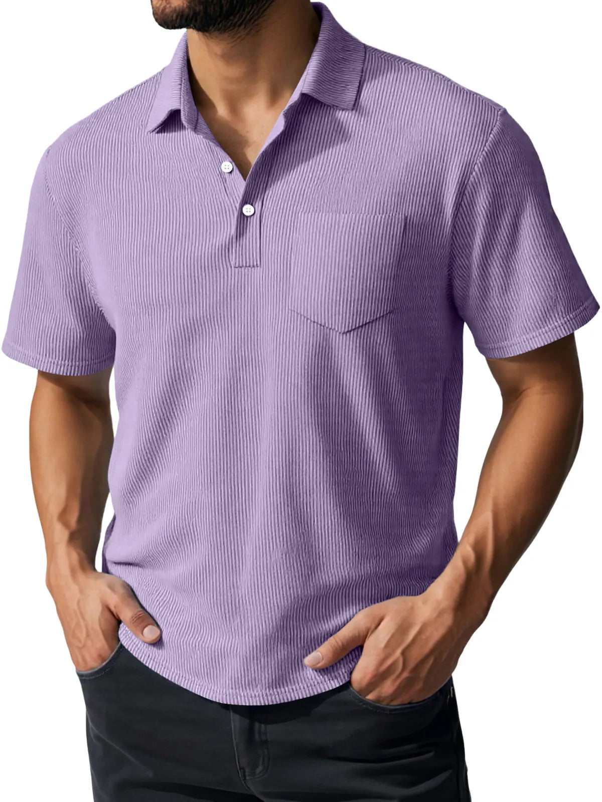 Men's Daily Casual Ribbed Lapel Button Pocket Short-sleeved Polo Shirt