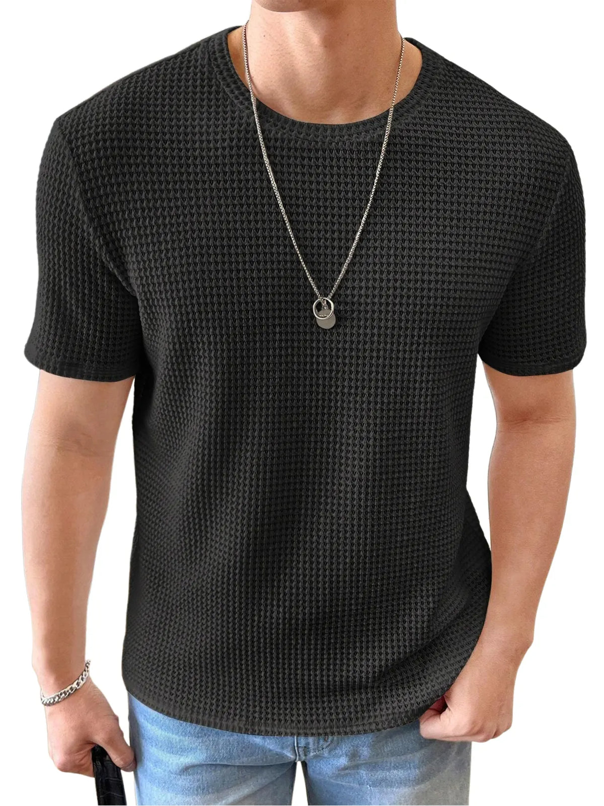 Men's Knitted Waffle Quality Casual Round Neck Short-sleeved T-shirt