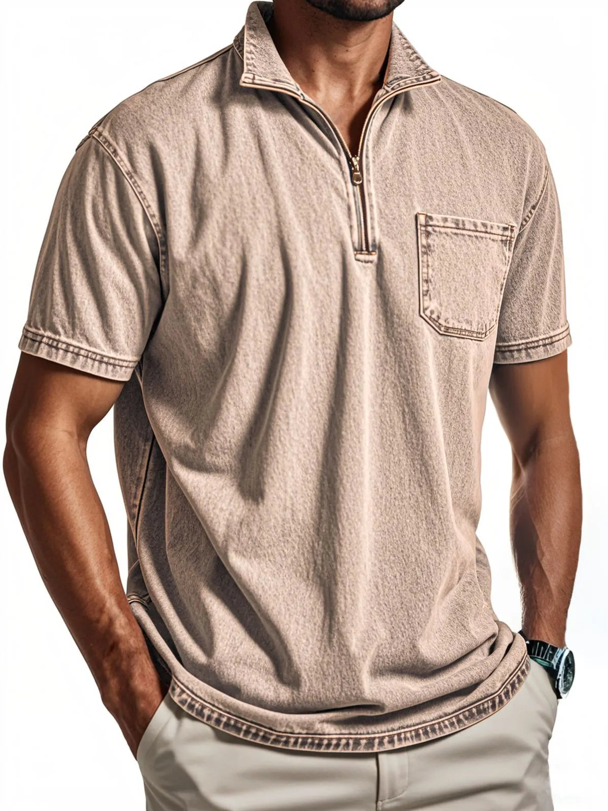 Men's Vintage Distressed Quarter Zip Polo Shirt With Chest Pocket