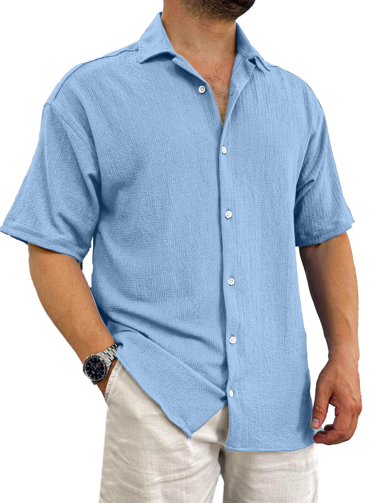 Men's Casual Daily Solid Color Texture Solid Color Short-sleeved Shirt