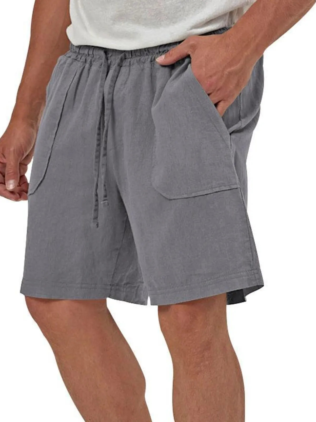 Men's Linen Casual Vacation Double Pocket Drawstring Elastic Waist Shorts Cropped Pants