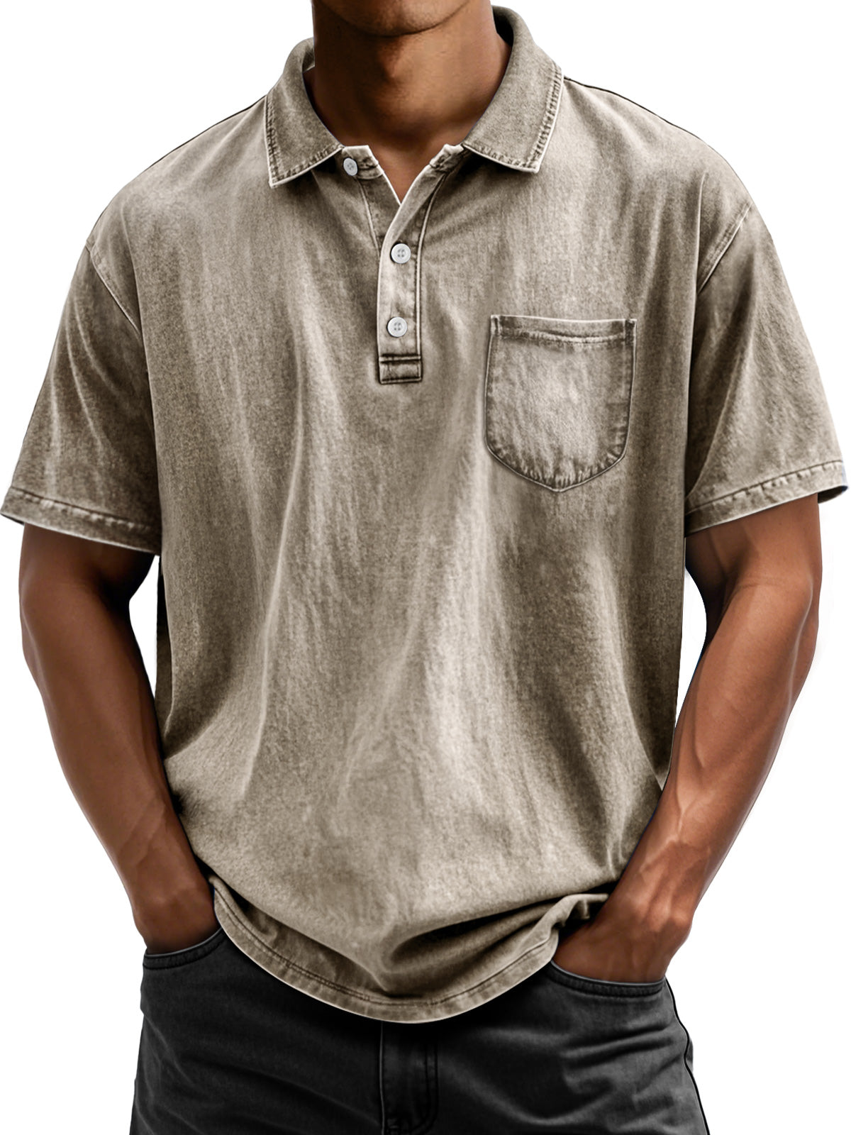 Men's Vintage Cotton Washed Distressed Lapel Pocket Short Sleeve POLO Shirt